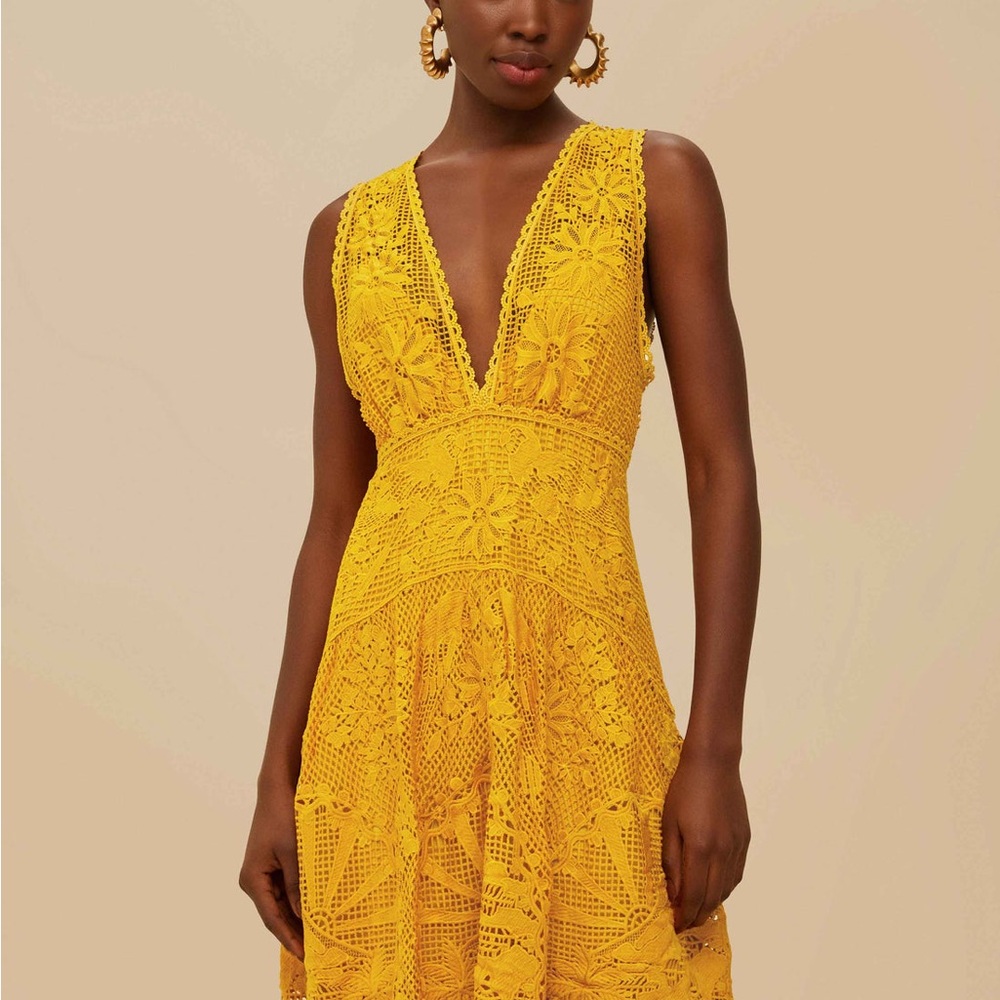 NWOT! Farm Rio Landscape Guipure Mustard Yellow Midi Dress - Picture 3 of 6